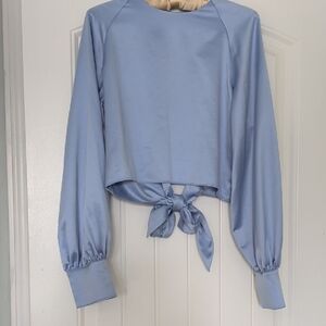 Simons Light Blue Satin Tie-Back Open Long Sleeve Blouse